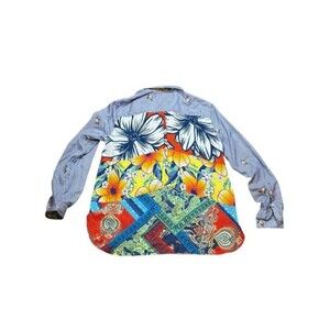 John Mark Floral Top Womens Size Small Artsy Button Down Embroidered Pinstripe